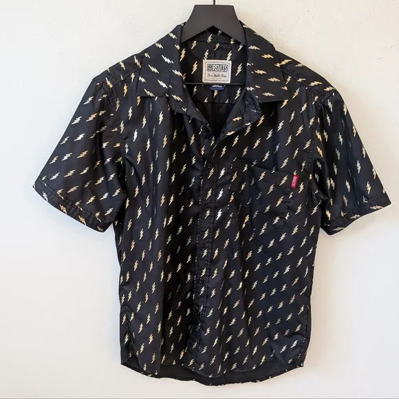 RSVLTS Men's Black Metallic Lightning Bolt Short Sleeve Button Up Shirt Small - Picture 1 of 7
